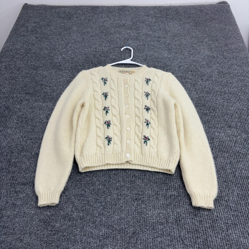 Vintage LL Bean Cardigan Womens S Cream Wool Floral Embroidered Cable Knit